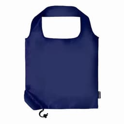 A reusable shopping bag in navy blue, featuring a rounded handle and a drawstring closure for easy storage.