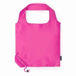 A pink foldable tote bag with a rounded handle and a drawstring closure at the bottom. Features a logo.