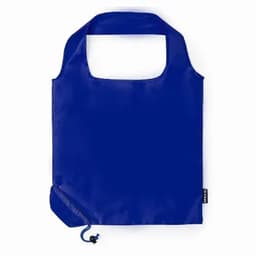 A blue reusable tote bag with a handle and a drawstring closure. Features a small branding tag.