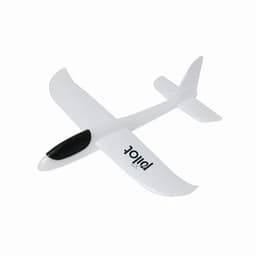 A white toy airplane with a black nose and a logo on its side. The design features smooth, curved wings.