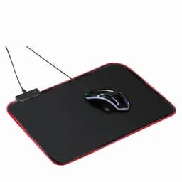 A gaming mouse is positioned on a black mouse pad with red trim, featuring a cable connected to the mouse.
