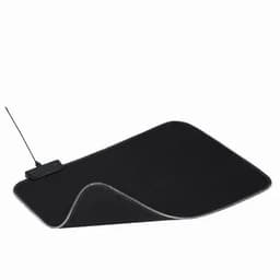 A black mouse pad with a curved edge and a small attachment. It features a subtle stitched border.