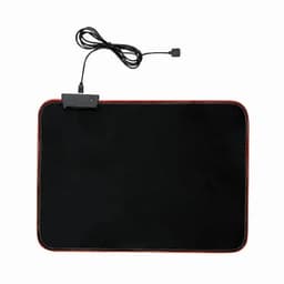 A black mouse pad with a red edge and an attached cable for connectivity. It has a simple design with no additional features.