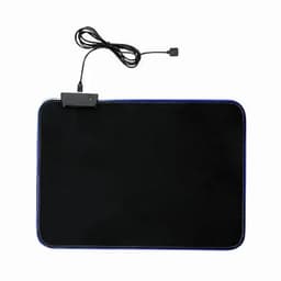 A black gaming mouse pad with a blue stitched edge and a connected USB cable for powering features.
