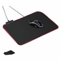 A black mouse pad with a red trim and a gaming mouse lying on top. The mouse features multicoloured lighting.