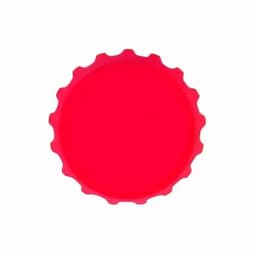 A red drink bottle cap with a ridged edge, featuring a circular design. The bottle cap has a logo.