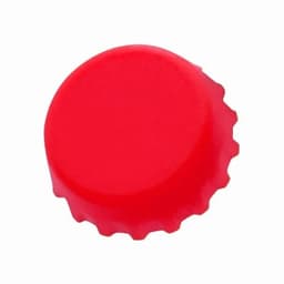 A red bottle cap with a scalloped edge, featuring a smooth top and a logo on its surface.