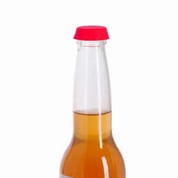 A drink bottle with a clear body and a red cap, containing amber liquid. Features a logo on the bottle.