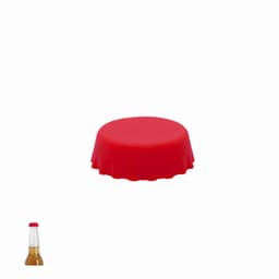 A drink bottle with a clear body and a red, scalloped cap. The bottle features a logo on the body.