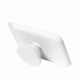 A white card holder stand with a circular base, designed to securely hold cards or phones upright.