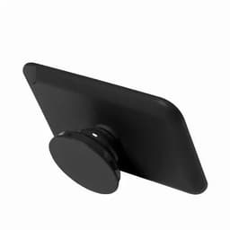 A black card holder stand with a circular base for stability, featuring a smooth, sleek design.