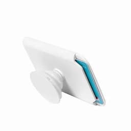 A white card holder stand with a circular base, designed to hold cards or a phone upright.