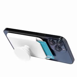 A phone with a white card holder stand attached, displaying a credit card partially visible in the slot.