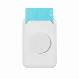 A white card holder with a slot for a card, featuring a circular attachment on the front.