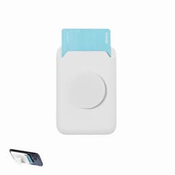 A white card holder stand with a blue card partially inserted, designed to attach to smartphones.