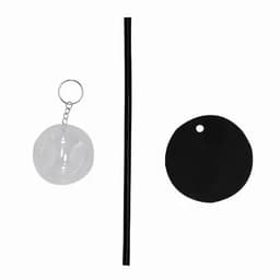 A clear drink bottle with a black straw and a round black tag, featuring a keychain attachment.