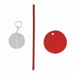 A drink bottle set featuring a clear ball, a red straw, and a red circular cap, with a keychain attachment.