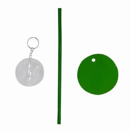 A drink bottle and accessories including a clear ball with a keychain, a green straw, and a circular green attachment.