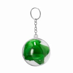 A keyring featuring a green novelty figure encased in a clear plastic ball. The keyring has a metal chain.