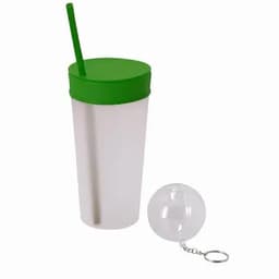 A drink bottle with a frosted finish, green lid and straw, accompanied by a clear keychain attachment.