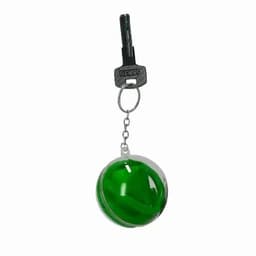 A green spherical keychain with a loop and a black key attached. The keychain is transparent, highlighting its vibrant colour.