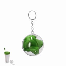 A drink bottle in a clear bubble design with a green lid and green straw, featuring a keychain attachment.