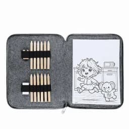 A colouring book set featuring a zippered case, coloured pencils, and a black and white illustration of a child with a teddy bear.