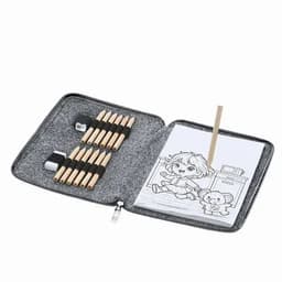 A colouring set featuring a zippered case, colouring pencils, and a stack of blank pages with a cute illustration.