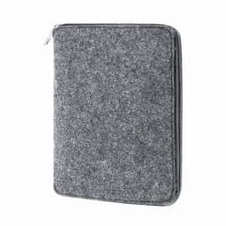 A grey zippered portfolio made from felt, featuring a simple and sleek design.