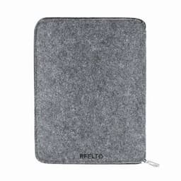 A grey felt laptop sleeve with a zipper, featuring a small logo at the bottom.