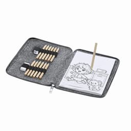 A colouring set featuring coloured pencils, a drawing pad, and a zippered grey case.