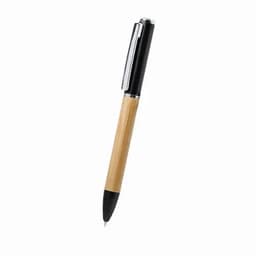 A pen with a bamboo body and a black top. It features a shiny silver clip and a black tip.