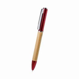 A pen with a bamboo barrel and red accents, featuring a silver clip.