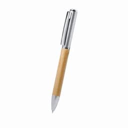 A pen with a bamboo barrel and shiny silver trim, featuring a sleek and modern design.