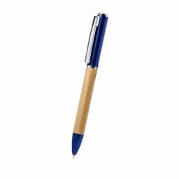 A pen with a blue metal top and wooden barrel. It features a chrome clip and a blue tip.