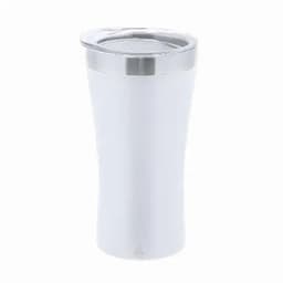 A drink bottle with a sleek white body and a silver lid. Features a logo on the front.