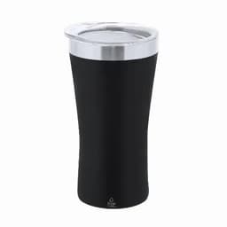 A drink bottle in black with a silver lid, featuring a smooth, curved design and a logo.