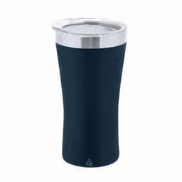 A drink bottle in navy blue with a stainless steel lid and a sleek, modern design.