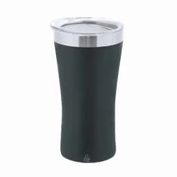 A drink bottle with a sleek black body and a silver lid, featuring a stainless steel design.