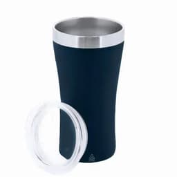 A drink bottle with a navy blue exterior and stainless steel trim, accompanied by a clear, removable lid.