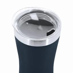 A drink bottle with a dark blue exterior and a silver stainless steel rim, featuring a clear, openable lid.