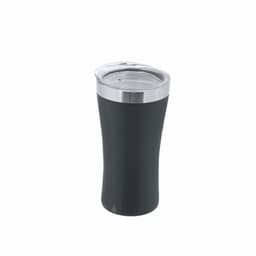 A drink bottle with a sleek black design, featuring a stainless steel lid and a curved shape. It includes a logo.