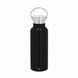 A drink bottle in black with a silver cap and a handle for easy carrying, featuring a logo.