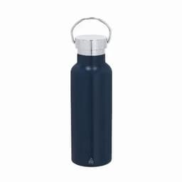 A drink bottle in navy with a silver lid and a handle, featuring a logo on the surface.