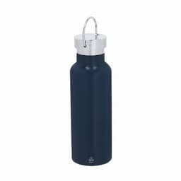 A drink bottle in navy blue with a silver cap and a metal loop for carrying. Features a logo on the front.