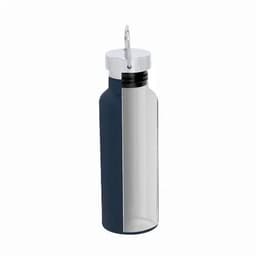 A drink bottle with a navy blue body and a silver cap, featuring a simple design and a built-in handle.
