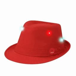 A red fedora hat featuring LED lights, with a classic wide brim and a smooth fabric texture.