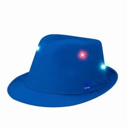 A blue hat with built-in lights, featuring a wide brim and a structured crown. It has a logo on the side.
