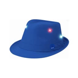 A blue fedora hat with built-in LED lights and an on/off switch, featuring a circular logo.
