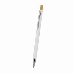 A white pen with a gold tip and metal clip, featuring a sleek, minimal design.